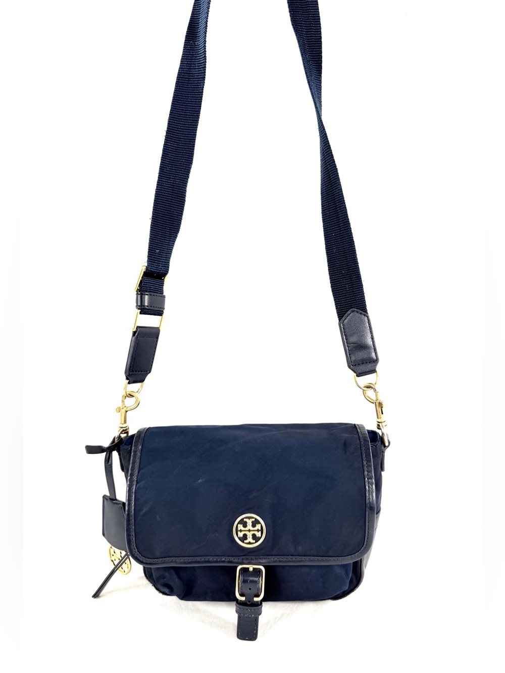 Tory Burch Navy Blue Nylon Leather Small Crossbody Bag Brass Logo Charm Buckle